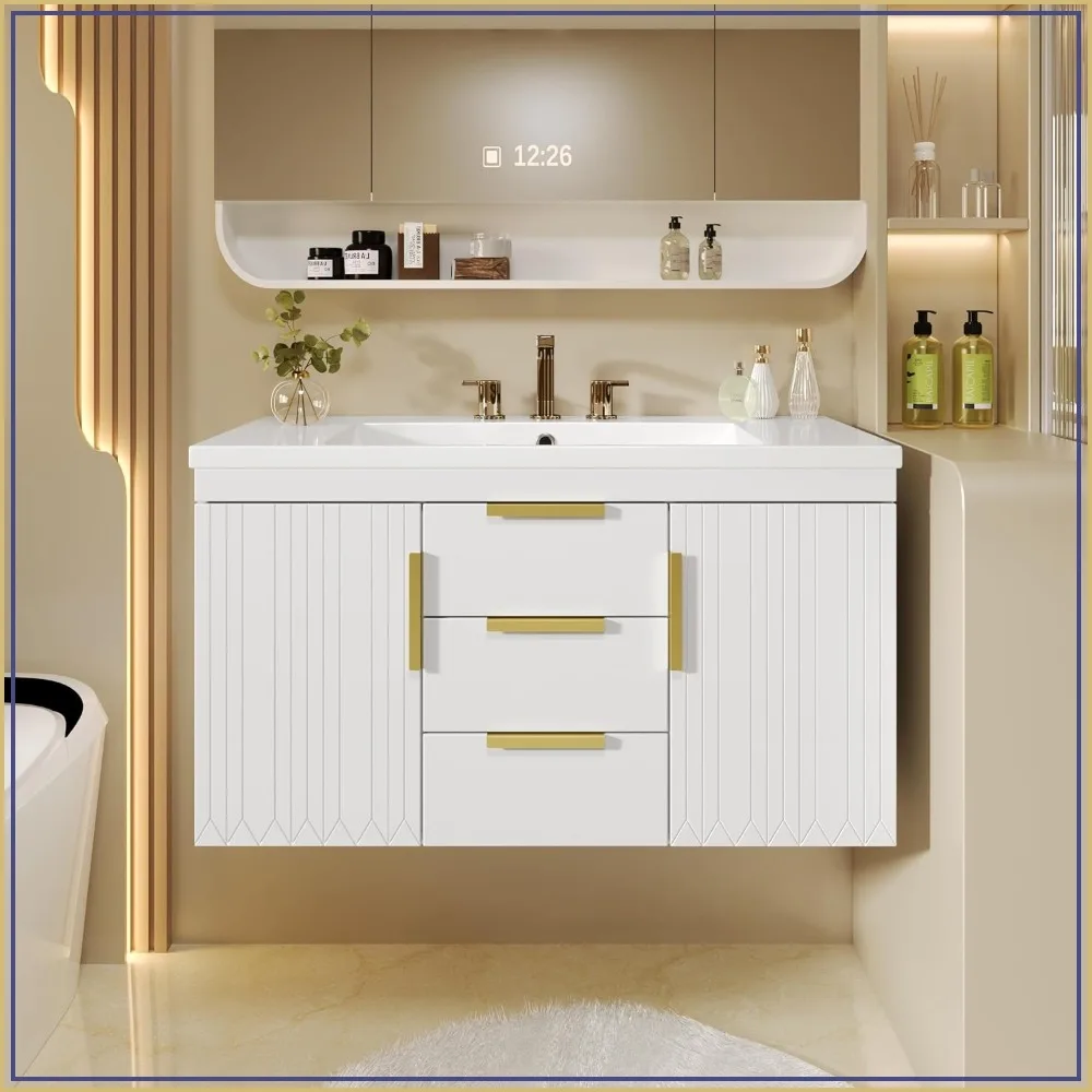 36 Inch Floating Bathroom Vanity with Sink, Wall Mounted, White
