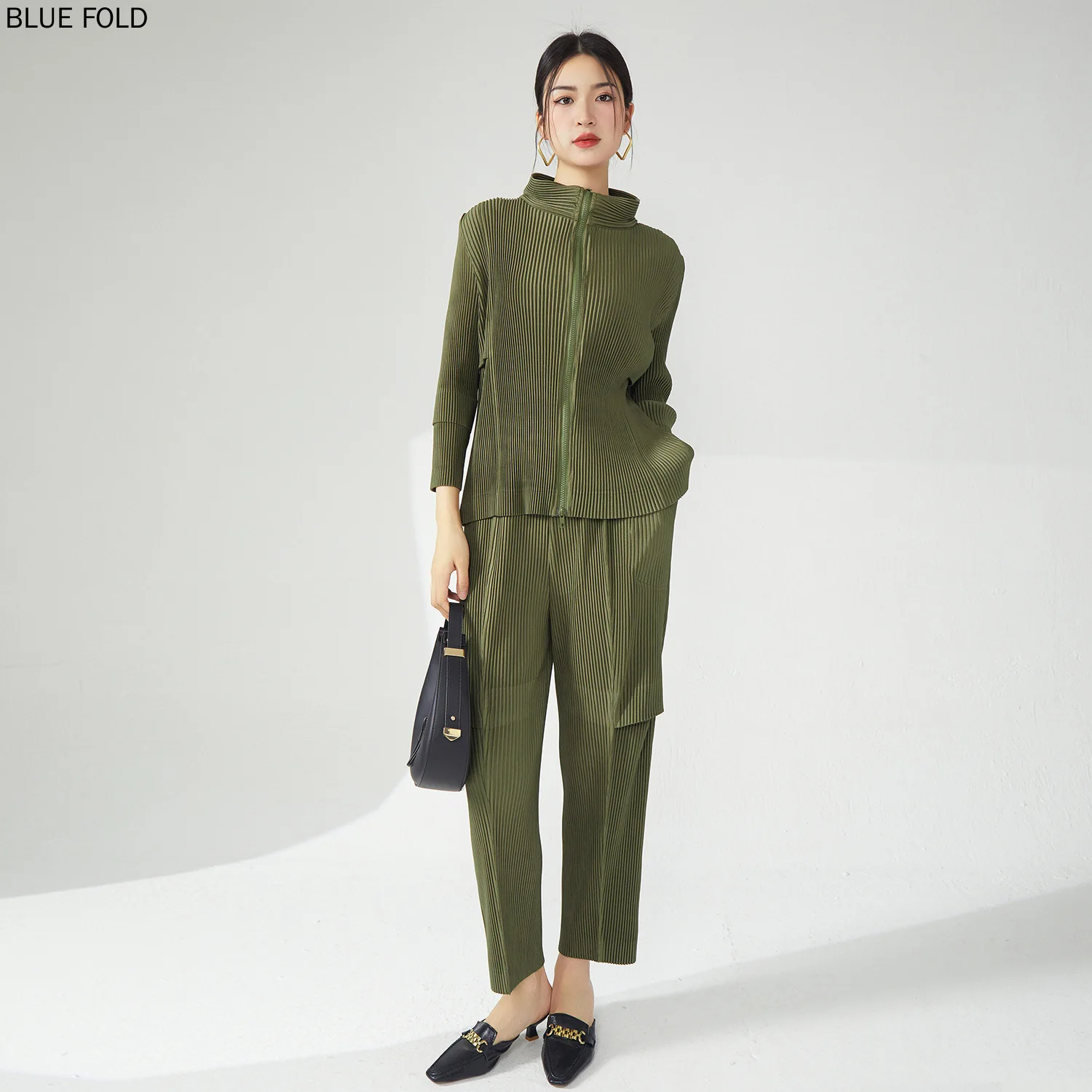 MIYAKE-Women's Zipper Jacket Top and High Waist Casual Pants, Pleated Two-Piece Set, High-end Fashion Suit, Autumn and Winter