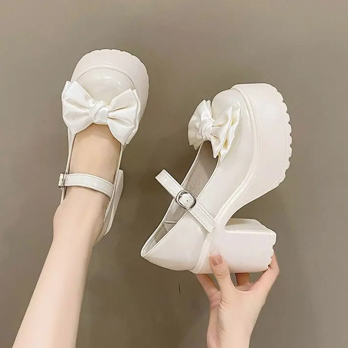 White Platform High Heels Women Mary Jane Chunky Heel Shoes Bows Elegant Woman Heeled Pumps Round Toe Shoes Women\'s Wedding Shoe