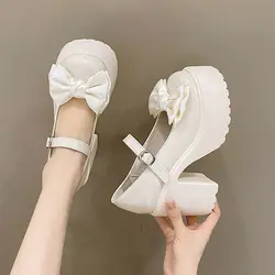 White Platform High Heels Women Mary Jane Chunky Heel Shoes Bows Elegant Woman Heeled Pumps Round Toe Shoes Women's Wedding Shoe