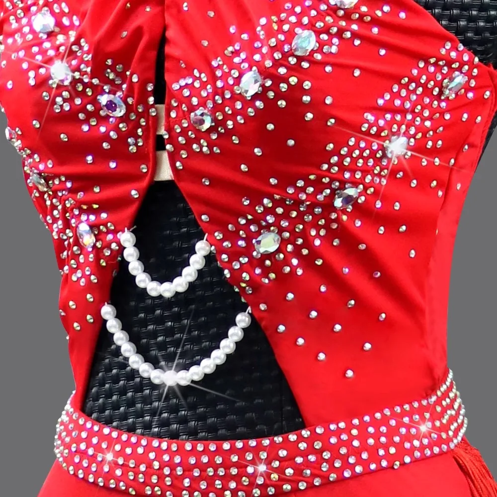 2026Red Latin Dance Clothes Line Costume Sexy Party Dress Competition Sports Suit Midi Ball Prom Stage Outfit Girl Skirt Parties