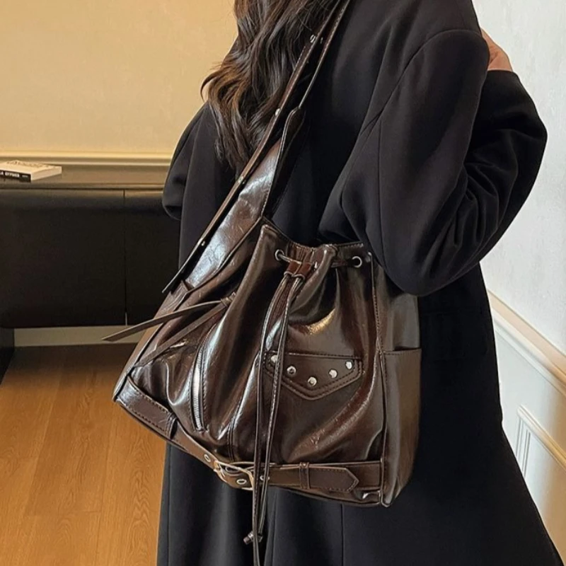 

Американская ретро-сумка из искусственной кожи на шнурке с несколькими карманами, большая вместительная сумка-тоут, сумка для хранения вещей, сумка через плечо, женская сумка