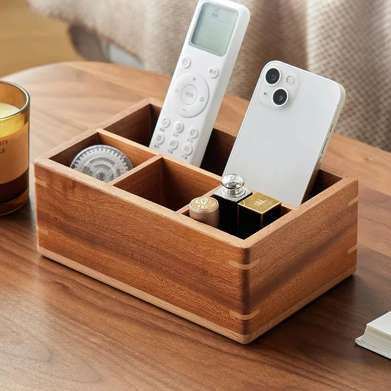 Rosewood Storage Box Desk Clutter Desktop Organizer Wooden Storage Box Multi Compartment Remote Control Stationeries Pen Holder