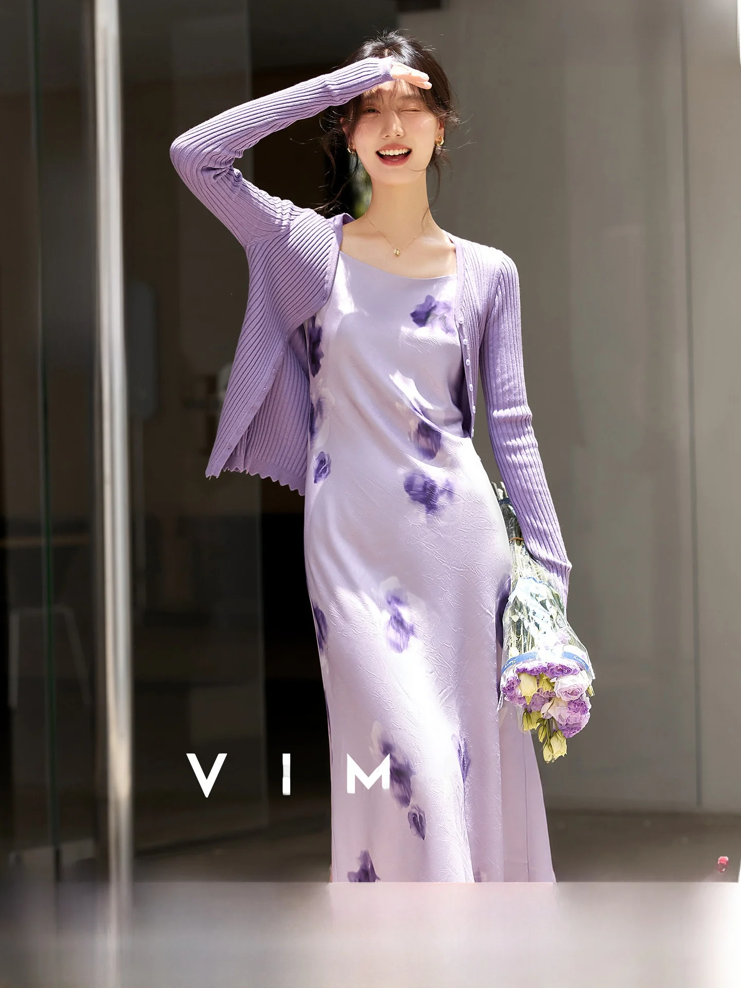 

Slim Fit Knitted Set Women's Spring New Style Purple Floral Print Long Dress Dress Two Piece Set V Neck Long Sleeve Elegant S...
