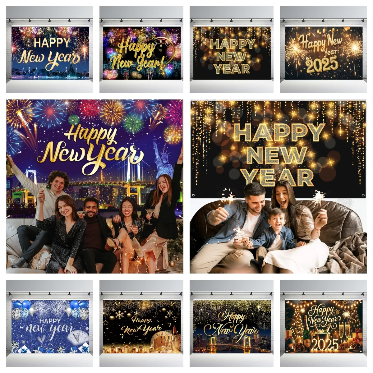 

Happy New Year Backdrop Banner Champagne Scattered Scene 2025New Year Decorations Family Party Background Photo Studio