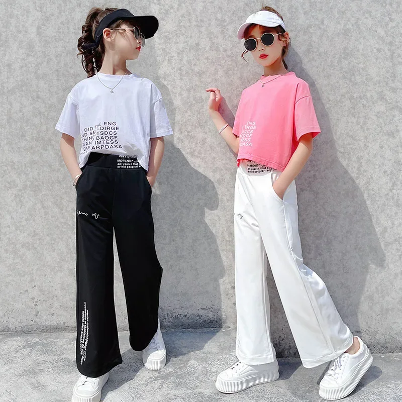 

2021 Summer Girls Clothing Suit Fashion Letters Simple Korean Version Of Loose Casual T-Shirt + Wide-Leg Pants Kids Teens Sets