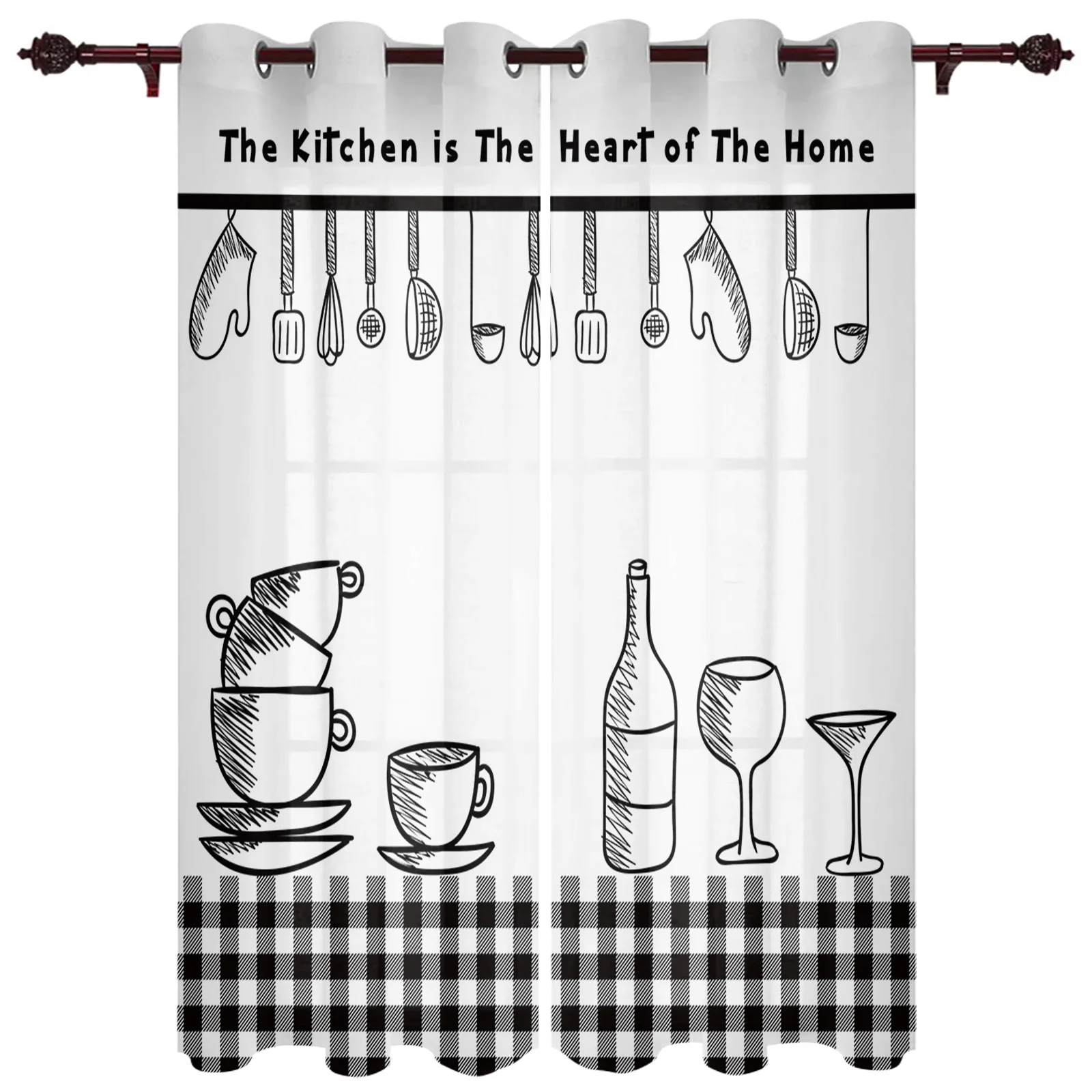 Kitchen Utensils Plaid Black White Curtains for Bedroom Living Room Drapes Kitchen Kid's Room Window Curtain Modern Home Decor