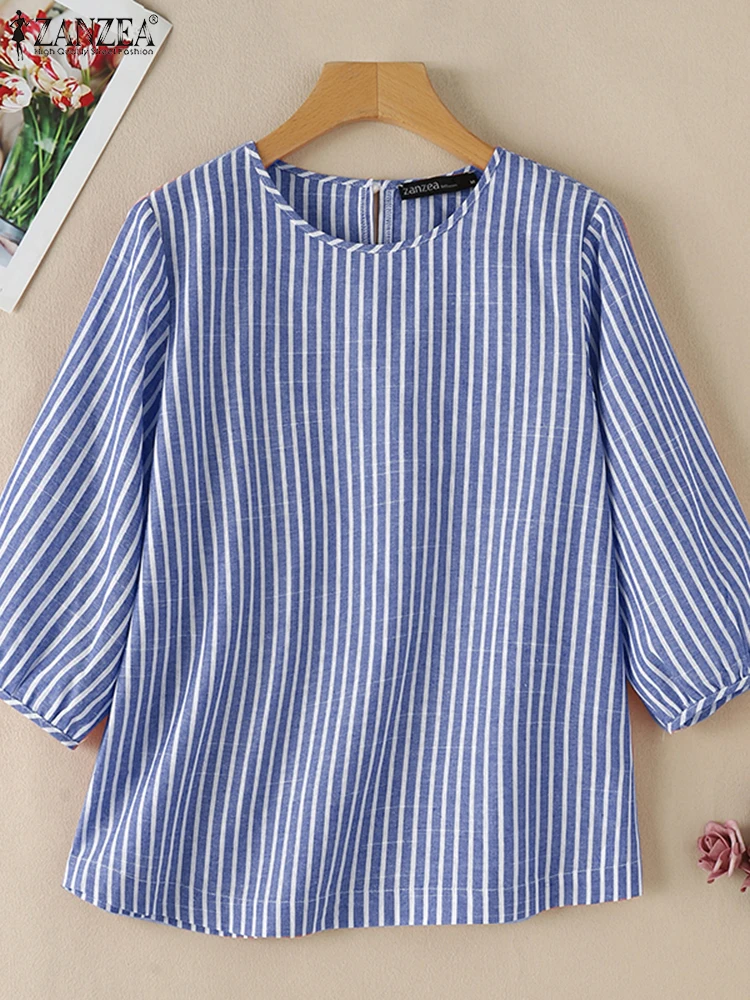 2024 ZANZEA Vintage Women Blouse Autumn O Neck 3/4 Sleeve Striped Tops Casual Loose Blusas Mujer Fashion Work Shirt Chemise