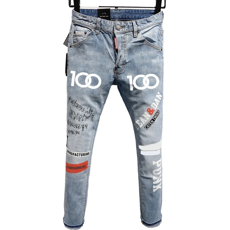 Chareiharper dsq 9809 Men`s jeans quadratic slim cotton elastic light color printing laser process Tear Process Italian pants