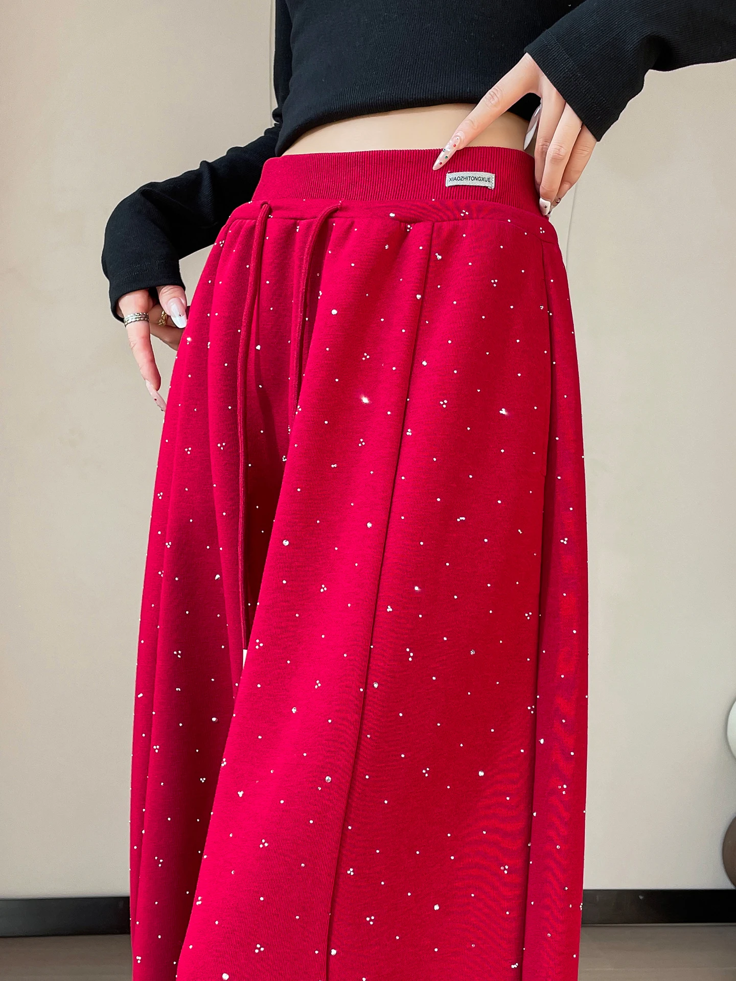 

American Sle Red Straight Leg Floor-Length Wide Leg Pants Women's Spring Summer Casual Trousers High Waist ket Design