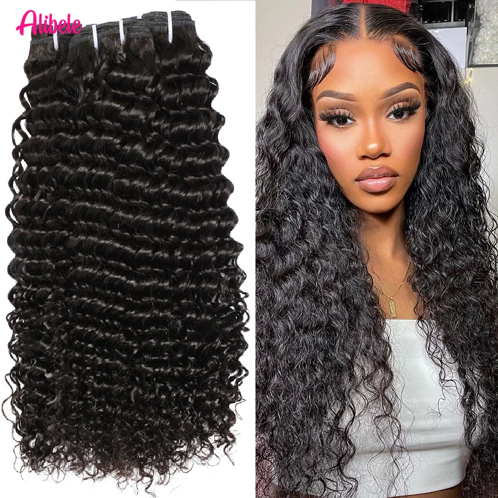 

Alibele 15A Вьющиеся девственные волосы для наращивания Глубокая волна Пучки человеческих волос Двойной уток Плетение Натуральный черный 1/3/4 шт. 12-32 дюйма
