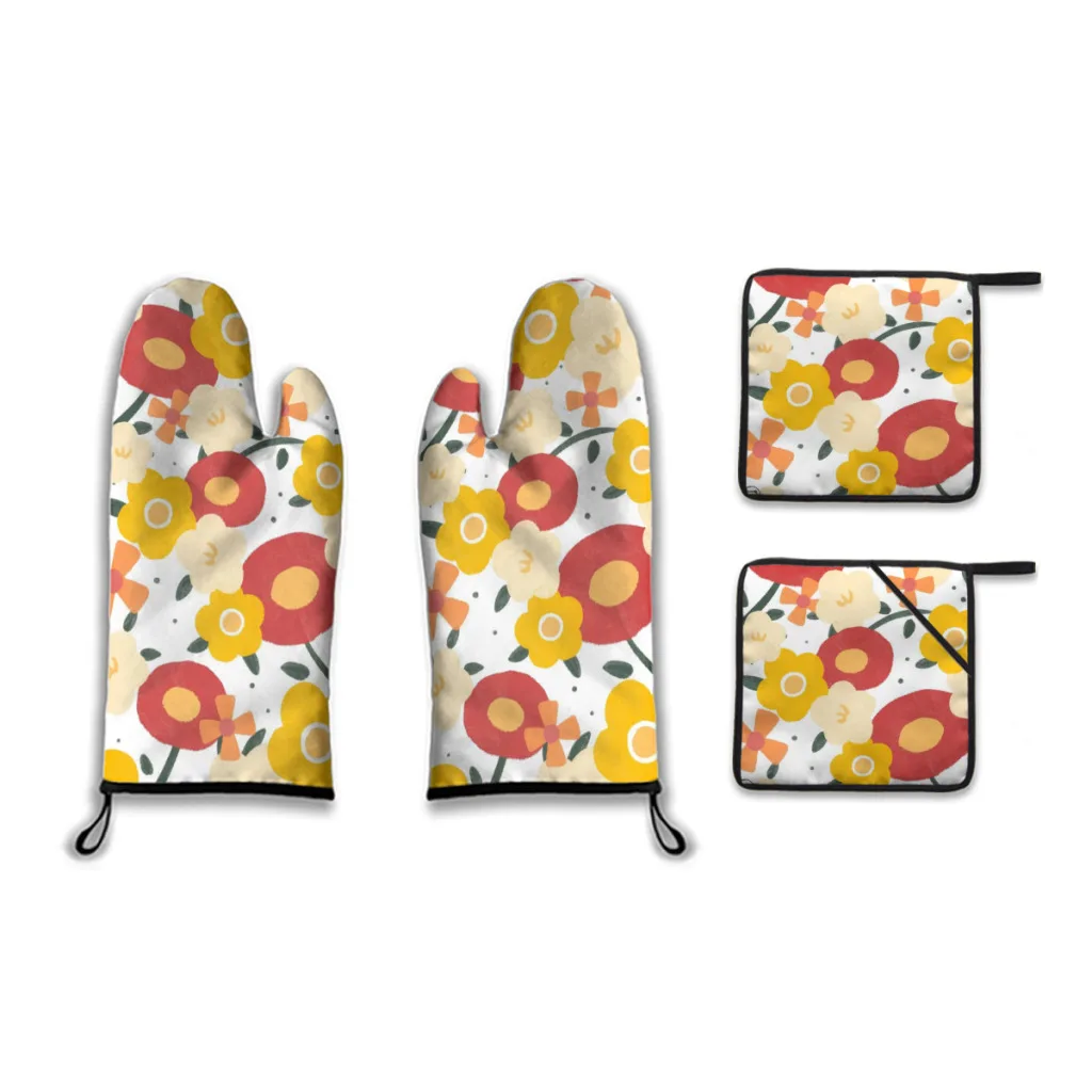 

Beautiful Flower Oven Mitts and Pot Holders Sets of 4,Resistant Hot Pads with Polyester Non-Slip BBQ Gloves for Kitchen,Cooking