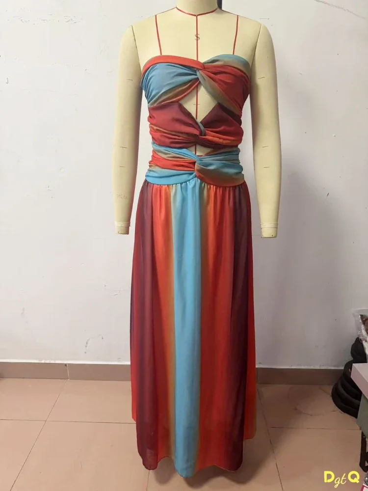 Gedruckt Farbe Kollision Frauen Maxi Kleid Brust Eingewickelt Cut Out Liebsten Backless Hohe Taille Plissee Robe 2025, Sommer Dame Roben