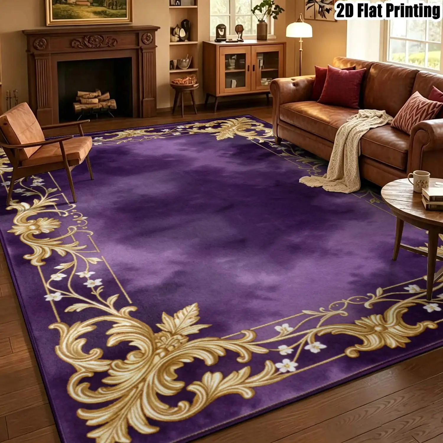 1Pc 2D Printed Carpet: Purple Base, Gold Edging, Scrolling Floral Pattern European/Vintage Style, Home Decor, Multi-Size, Machine Washable, Suitable for Various Room Mats.