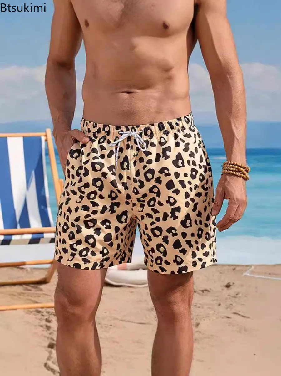 Summer Leopard Print Beach Shorts for Men Loose Casual Pocket Drawstring Beach Sport Pants Men Quick-Drying Washable Swim Briefs