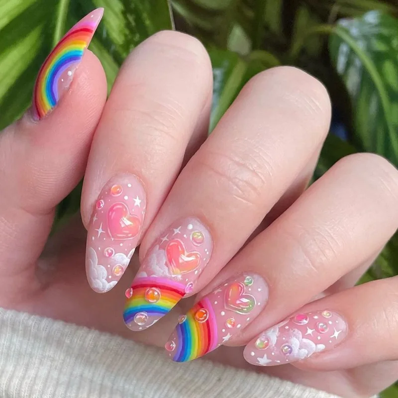 Rainbow Cloud Design Full Cover Nail Tips, unhas postiças de amêndoa longa, pressione as unhas, rosa, francês, verão, 24pcs set