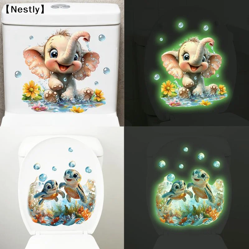 1/3Pcs Cute Elephant Duck Turtle Glow-in-the-Dark Toilet Sticker Bathroom Toilet Lid Decor Home Wall Decoration Decal〔Nest〕