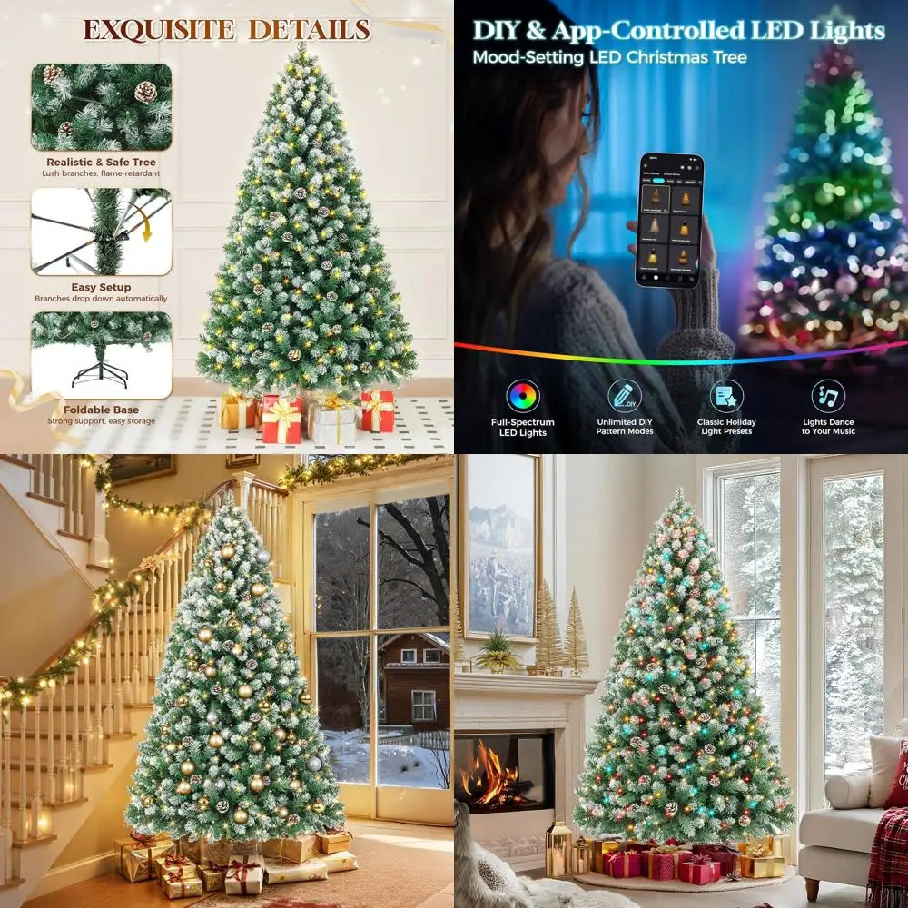 

Рождественская елка с предварительной подсветкой на 6 футов, 250 многоцветных светодиодов RGBW, управляемая через приложение, флокированная с 914 наконечниками и 58 сосновыми шишками, металлическая стойка