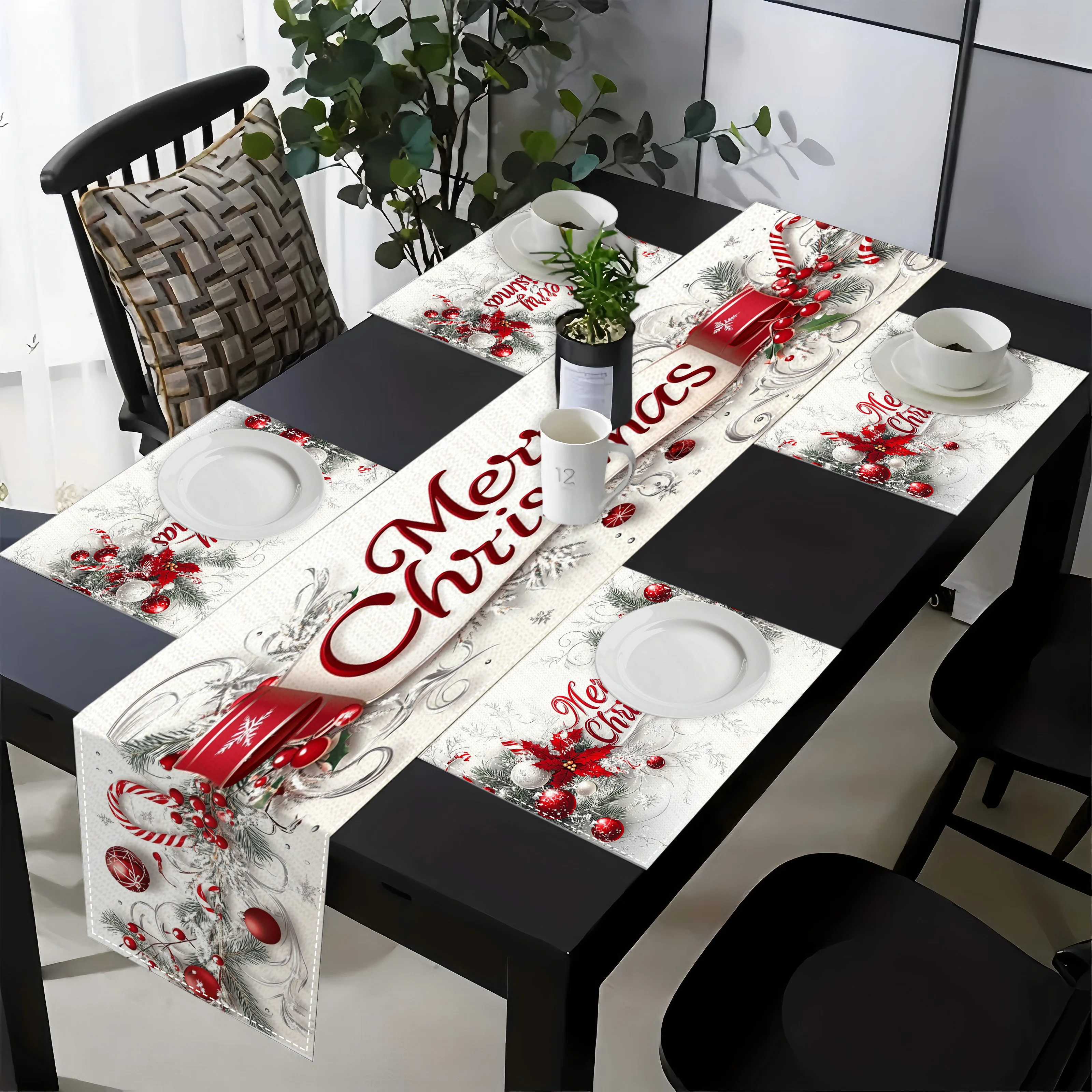 

JIT Christmas Candy Cane Merry Christmas Printed Table Runner 2D Flat Print Festive Home Decor Christmas Dining Table Decoration