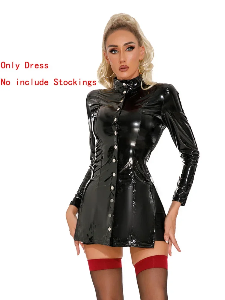 PU Faux Leather Women\'s Dress Shiny Oil Glossy Tight OL Dress Female Elastic High Cut Long Sleeve Sexy Showgirls Costume Dress