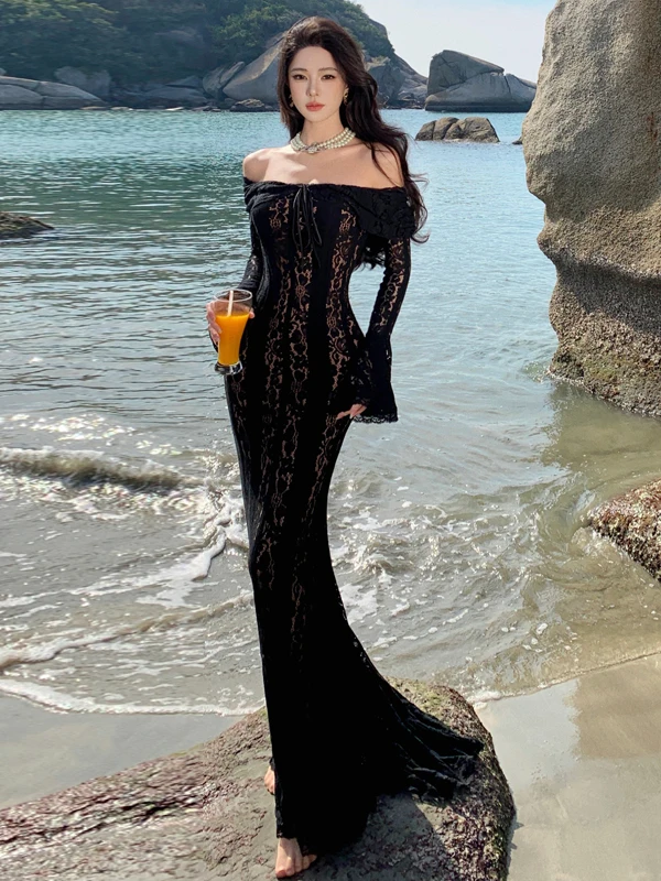 エレガントなレースのワンショルダードレス床長さのイブニングドレスアイランドバケーションスタイル長袖Aラインシルエットレディースドレス