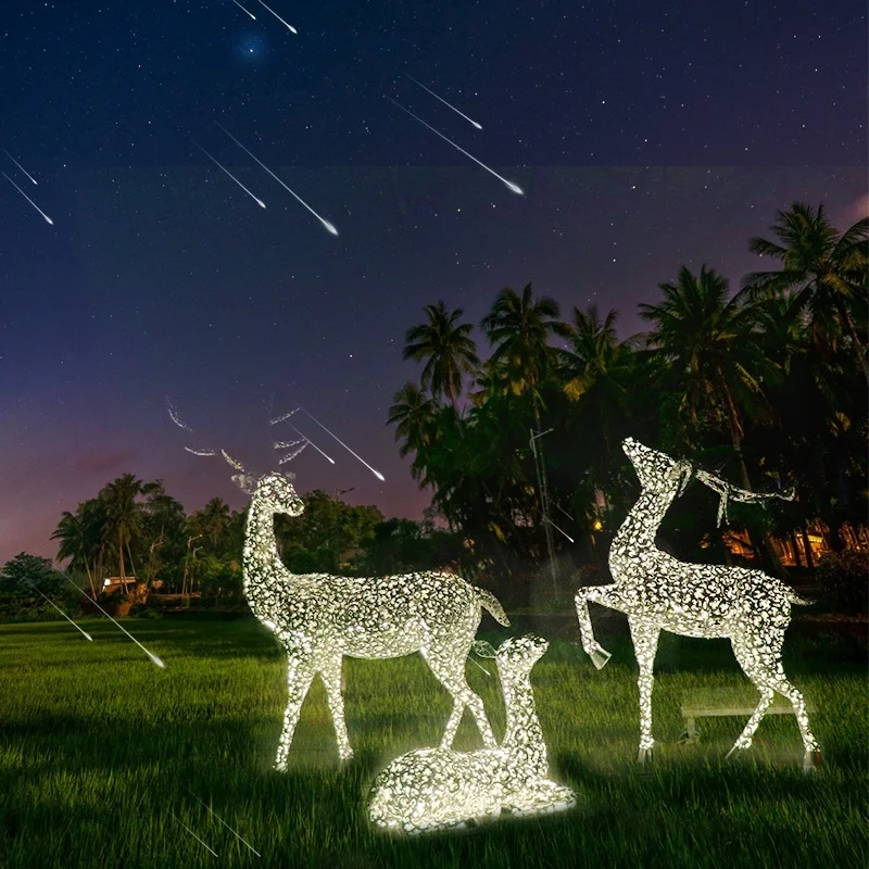

Custom Garden Landscape Courtyard Hollow Iron Art Deer Stainless Steel Sculpture Outdoor Lawn Animal Luminous Floor Decoration