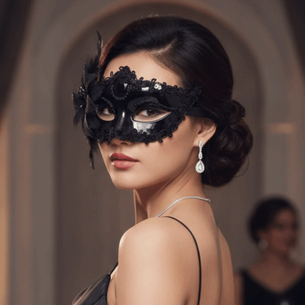Half Face Cut Masquerade Eye Mask Rhinestone Embedded Side Flower Trim Feather Face Veil Soft Feather Accent Glossy Finished
