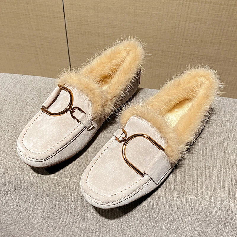 Luxury Brand Fur Mocasines Woman 2023 Winter Cotton Shoes Ladies Warm Slip On Walking Flats Furry Loafers Pigskin Leather Boots