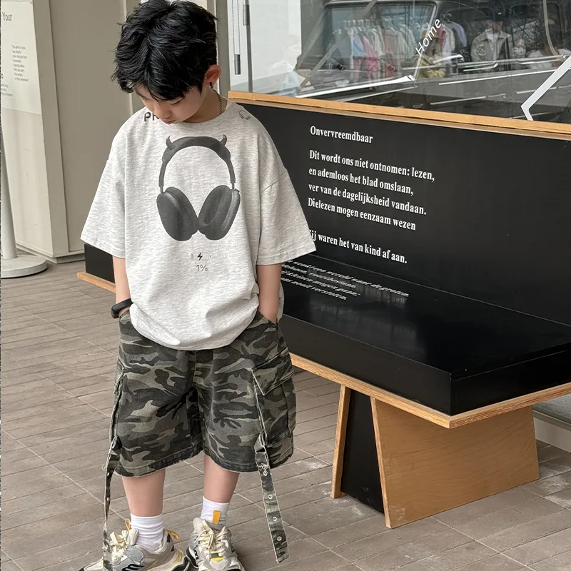 Meninos topos verão algodão manga curta camiseta 2024 novo solto casual all-matching crianças estilo de verão digital chique topo menino