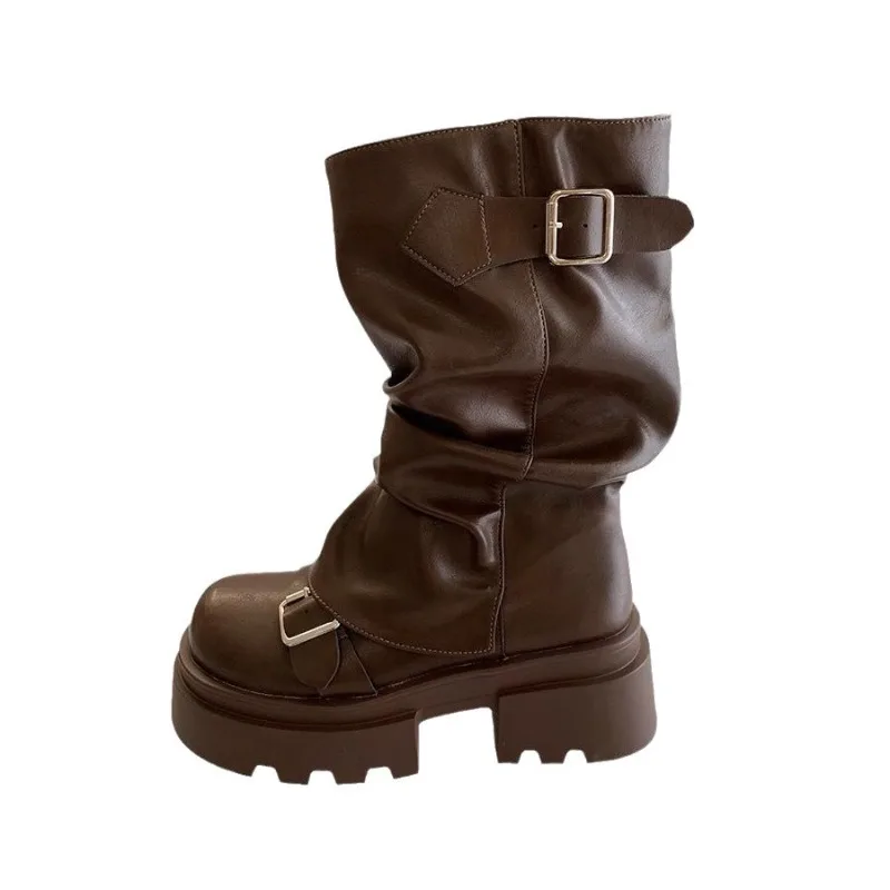 Women Punk Mid Calf Boots Autumn Fashion Square Toe Zipper Belt Buckle Gladiator Knee High Biker Booties Women Motorcycle Boots view 6