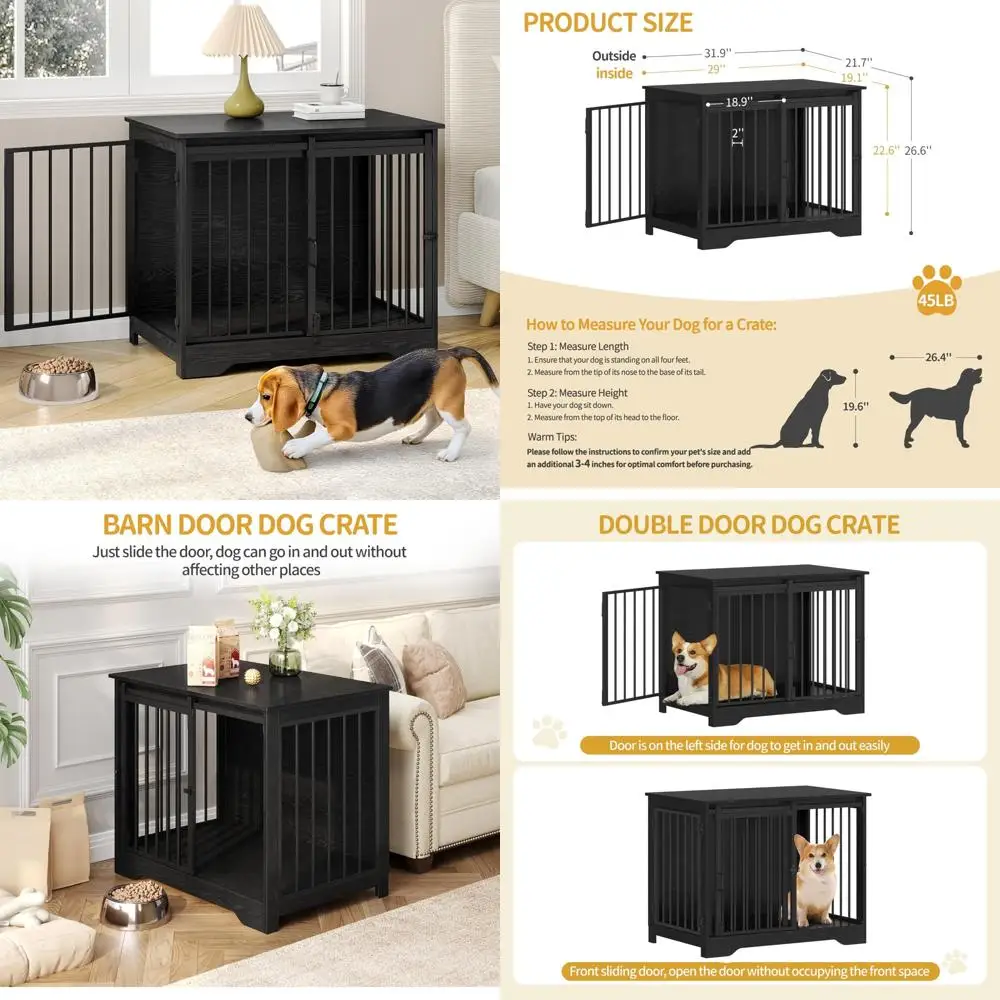 

Sturdy Wooden Dog Crate Furniture with Double Doors, Medium to Large Size Indoor Pet Cage End Table