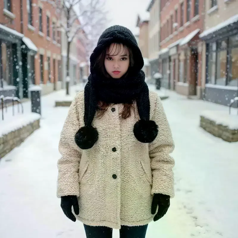 سميكة محبوك قبعة صوفية مقنعين وشاح قبعة حماية الأذن قبعات دافئة قبعة الشتاء ووشاح كومبو للنساء