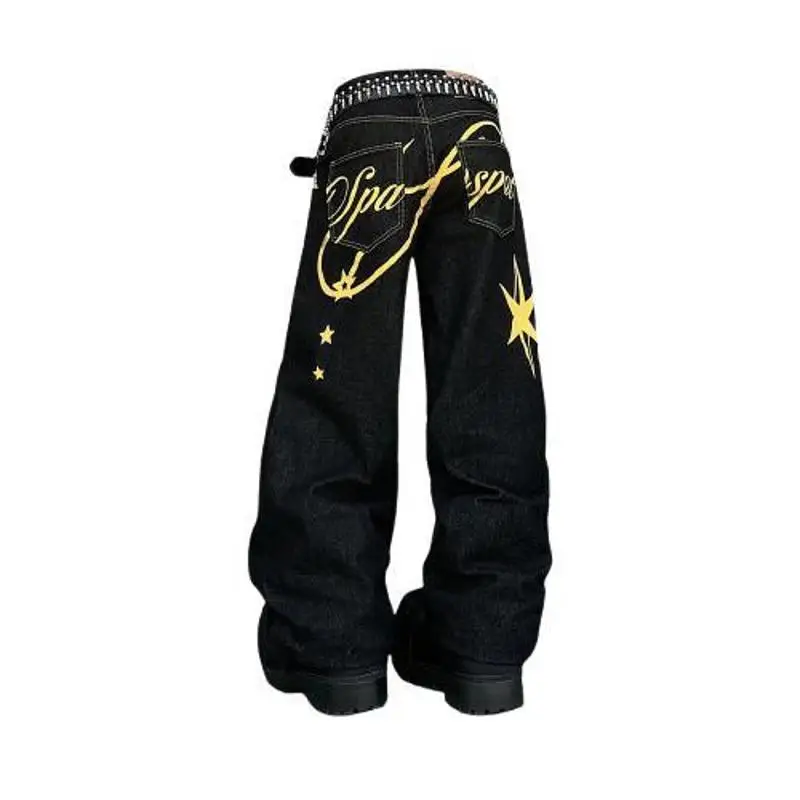 

American Retro Printed Denim Jeans Loose Straight Leg Long Pants for Men Summer High Street Cool Style Faded Water Wash