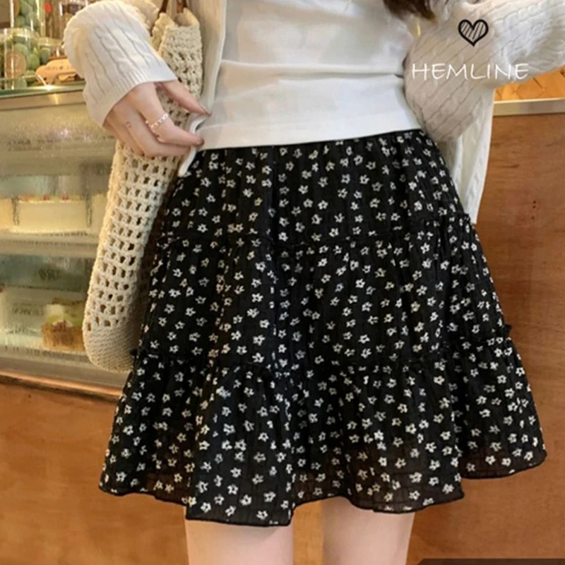 Summer Floral Black Loose Women Mini Skirt High Waist Sweet Kawaii Commuting Simple Female Cake Skirt Fresh Cate Ladies Skirt