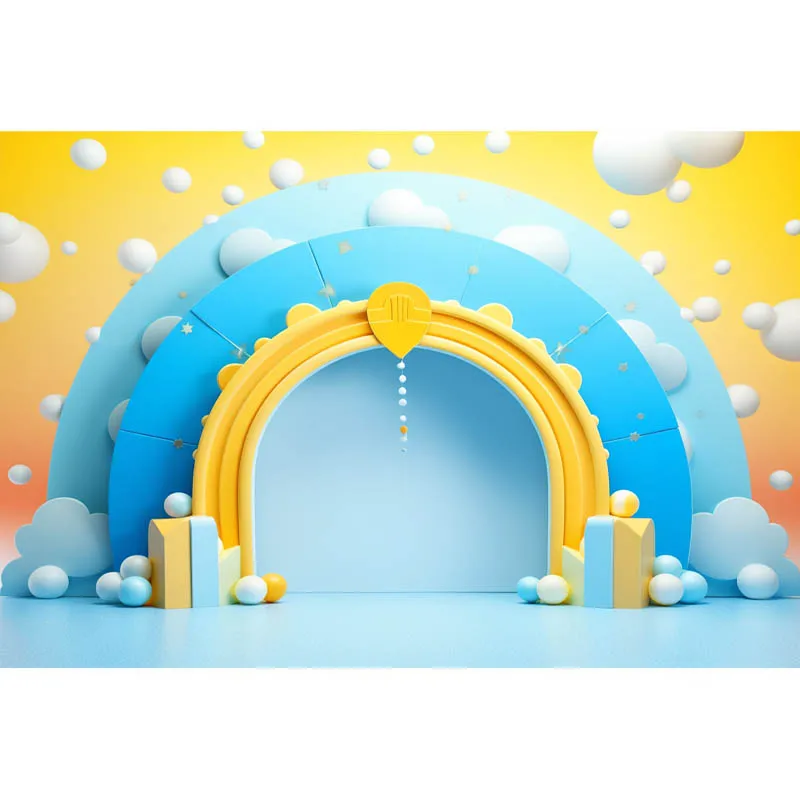 Newborn Portrait Photography Backdrops Sky Blue Yellow Sun Cartoon Rainbow 1st Birthday Photo Backgrounds Cake Smash Decortion