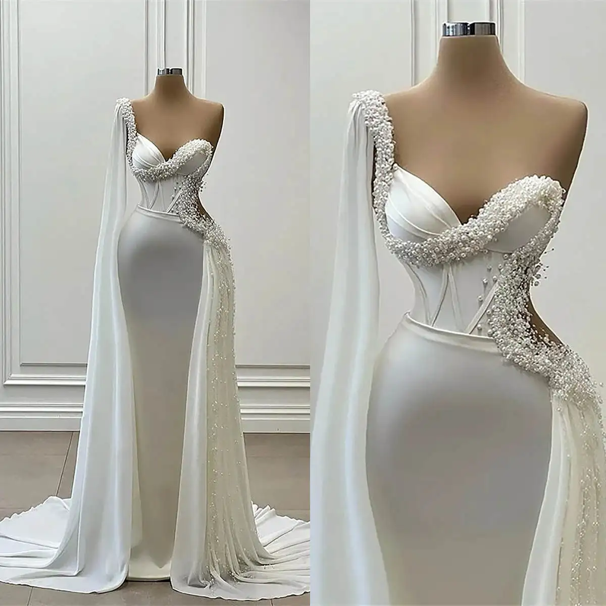 Elegant Mermaid Wedding Dresses One Shoulder Long Sleeves Bridal Gown Ruffles Pearls Sweep Train Customized Dress