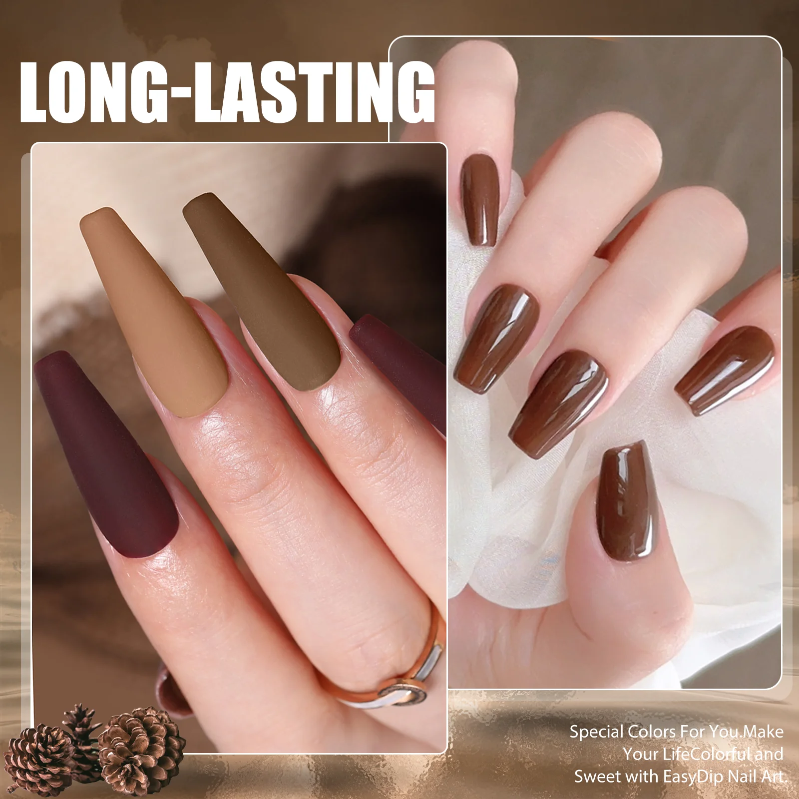 28g/maceta de polvo de inmersión acrílico, sistema de polvo de inmersión de colores de café marrón de invierno como esmalte de uñas en Gel, efecto de salón de manicura DIY