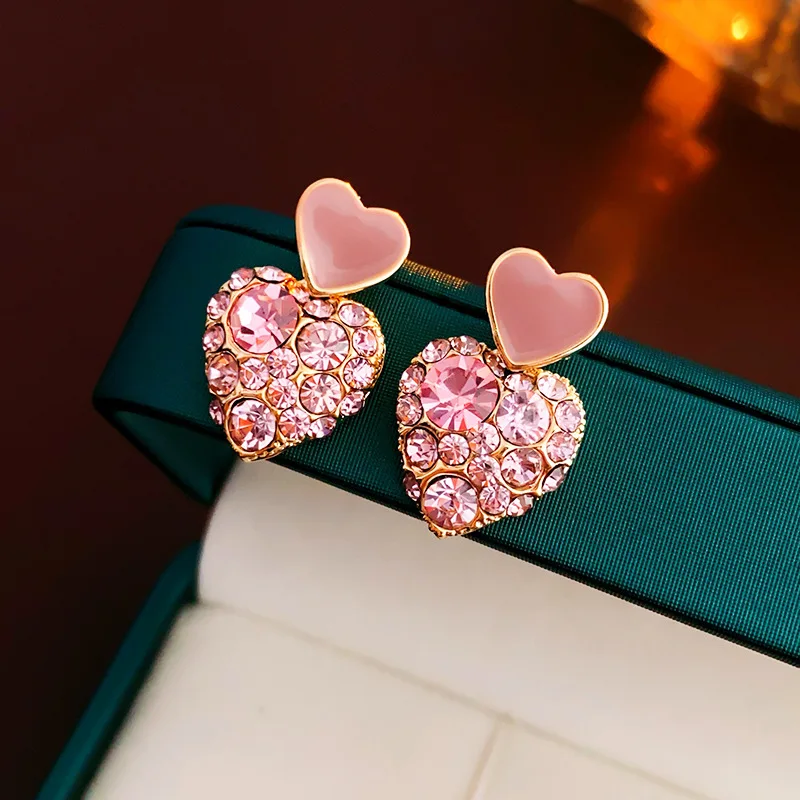 Gold Plating Rhinestone Pink Heart Drip Stud Earrings for Women Fashion Simple Versatile Earring Silver Needle Jewelry Wholesale image 4
