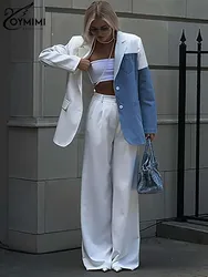 Oymimi Fashion White Denim Women 2 Piece Set Outfit Elegant Patchwork Long Sleeve Button Shirts And Simple Straight Trousers Set