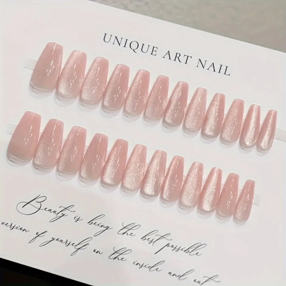 24 piezas de uñas postizas brillantes con efecto ojo de gato rosa glitter, forma de ballet larga, degradado brillante, con lima de uñas y pegamento de gel, reutilizables 6
