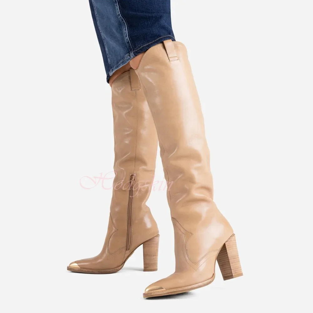 Metal Pointy Toe Boots Knee High Chunky High Heels Solid Leather Slip On Long Boots Women Sexy Shoes Winter Party Designer Black