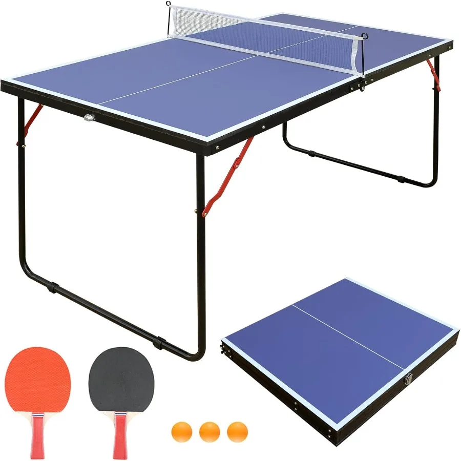 

Mid-Size Foldable Table Tennis Table with Full-Sized Playing Surface Includes 2 Paddles 2 Balls 1 Net and 4 Wheels for Indoor a