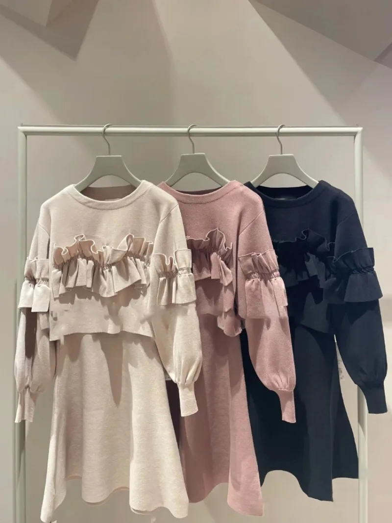 2024 Spring New Japanese Knitwear Two Piece Sets O-neck Ruffles Pullovers Sweater O-neck High Wasit A-line Skirts Women Suit