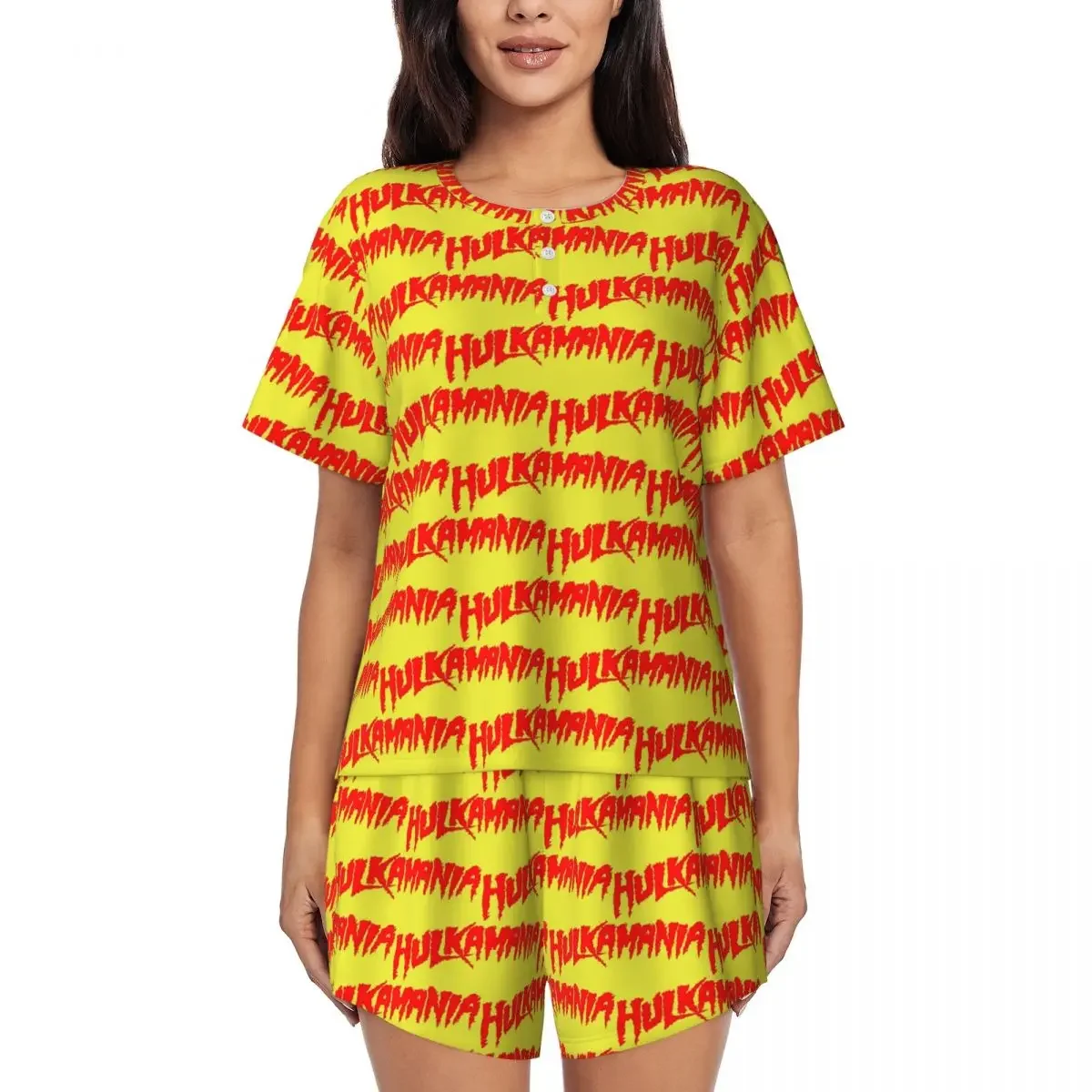 Hulk Hogan Hulkamania - Camisones de manga corta con cuello redondo para dormir, conjunto de pijama holgado para mujer, pantalones cortos