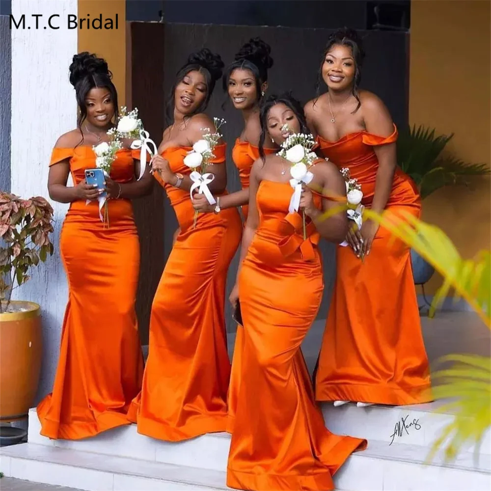 Orange 2025 Custom Made African Bridesmaid Dresses Mermaid Corset Back Shiny Satin Long Wedding Party Gowns Wholesale