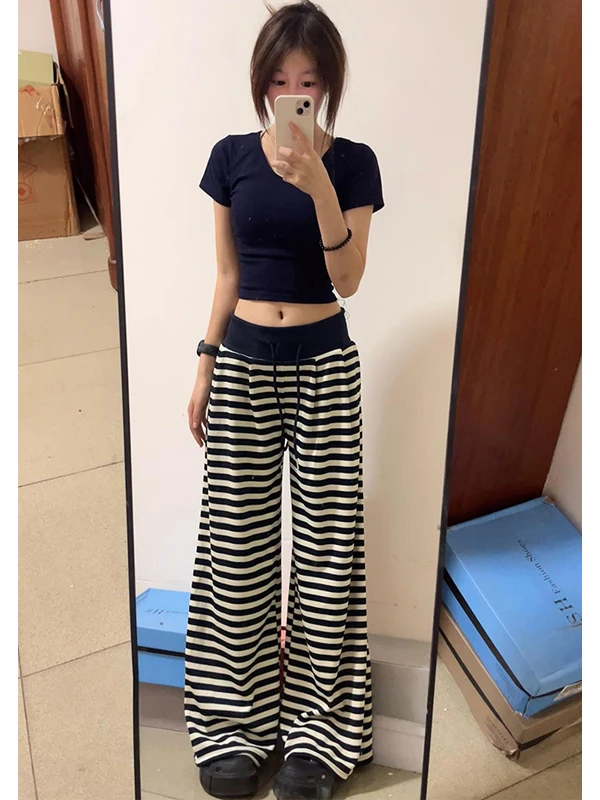 ハイウエストワイドレッグパンツ レディース カジュアルパンツ ストライプカラー ブロードレープ 秋ファション スリミング ロングストライプパンツ