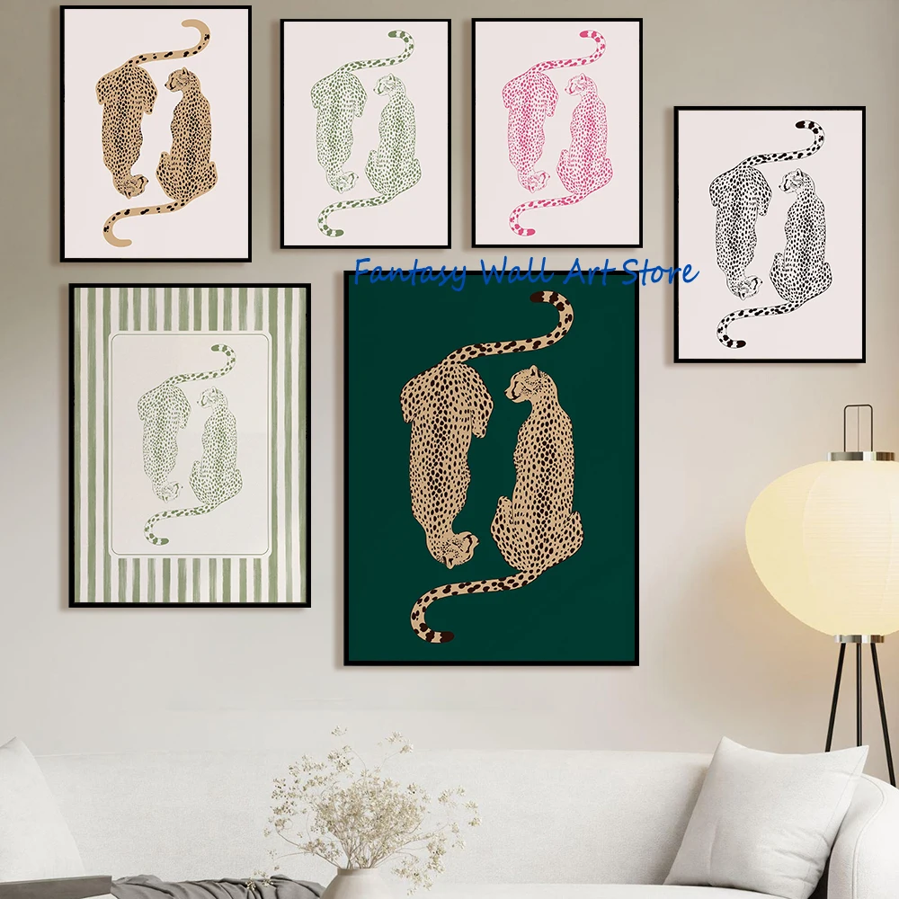 Cheetah Sage Green Leopard Funky Minimalist Poster Dopamine Apartment Decor Canvas Printing Wall Decoration Trendy Wall Art Gift