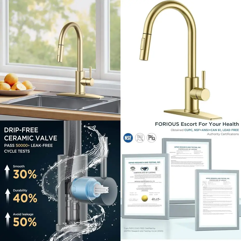 

High-Arc Brushed Champagne Gold Pull-Down Spray Kitchen Faucet, Modern Deck-Mounted for 1 or 3 Hole Sinks, Suitable for Pot Fill