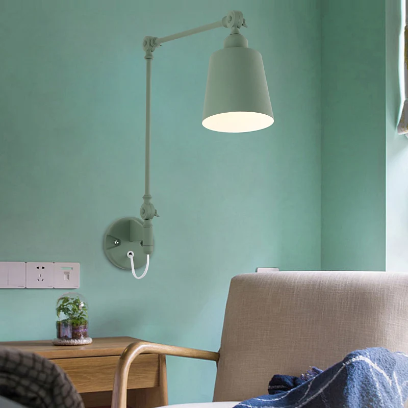 

Nordic Macaroon Iron Wall Lamp Bedroom Bedsides Desk Reading Personalized Creative Color Folding Telescopic Arm Learning Sconces