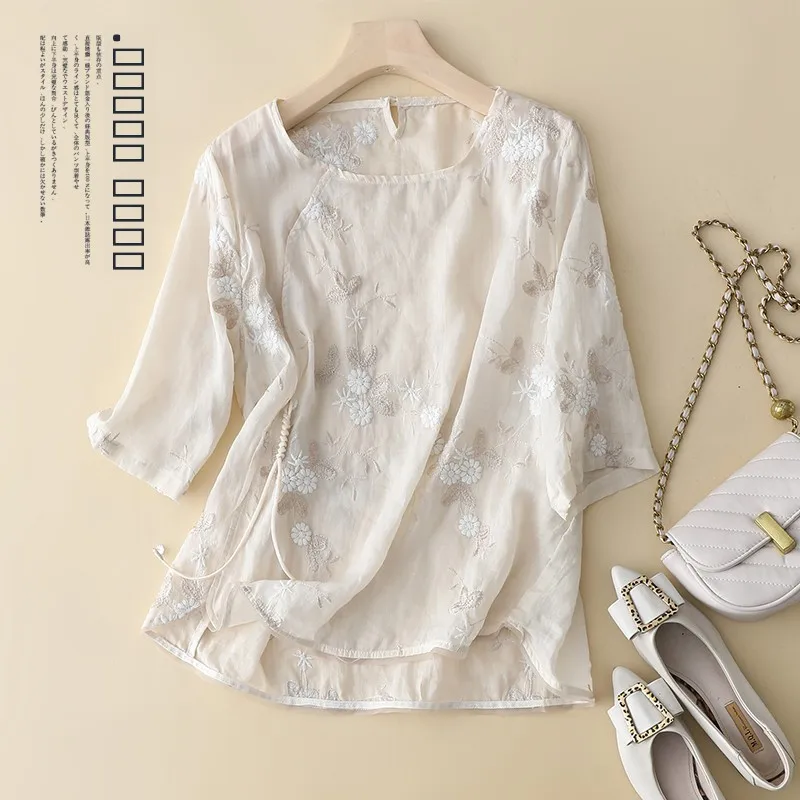 

Retro Chinese Sle Embroidered Flax irt Women's Premium Feel Reformed Hanfu Tea Costume Loose Fit round Ne ort Sve